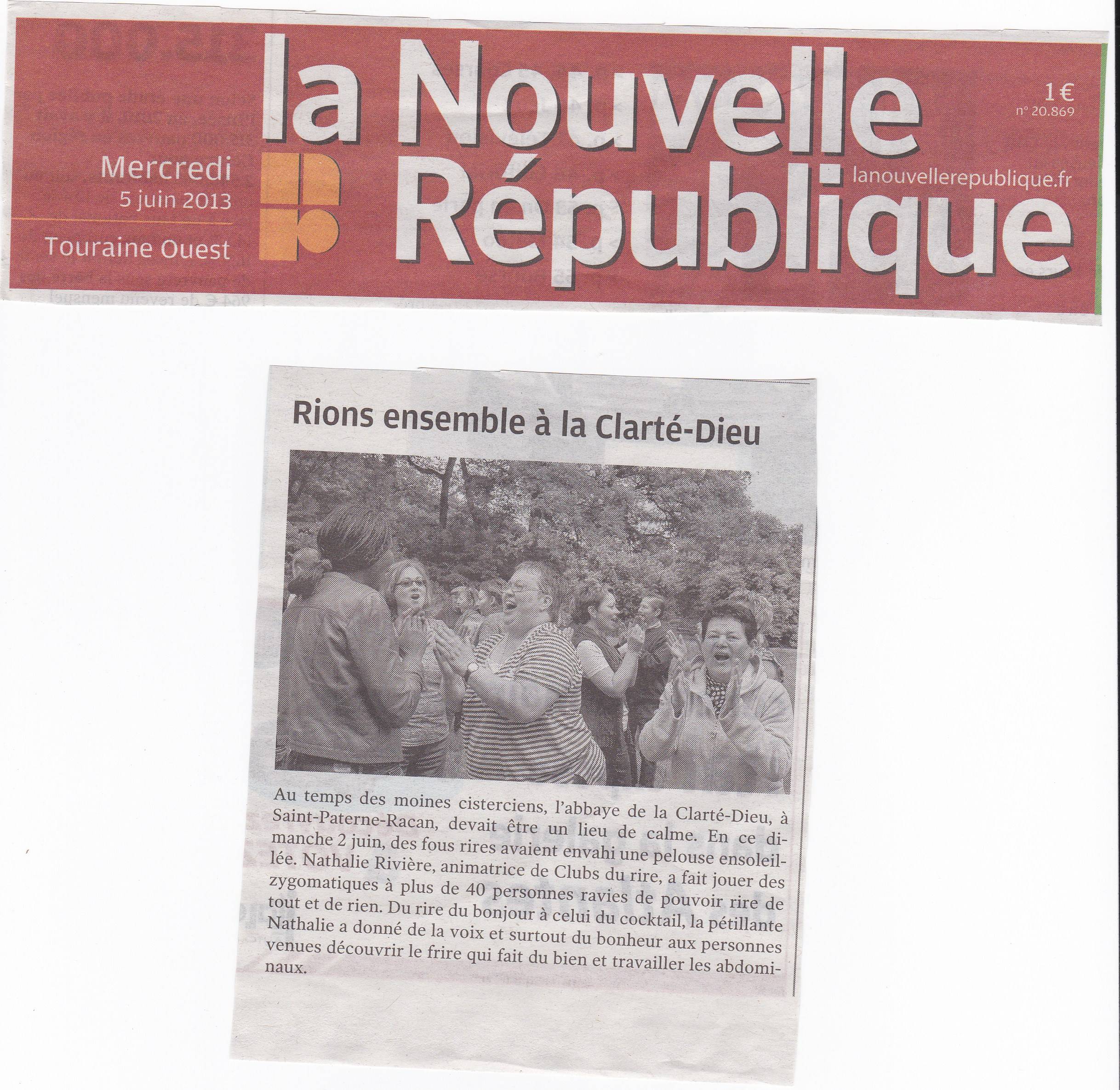 Article La Nouvelle République du 5 Juin 2013 - RIRE à La Clarté Dieu